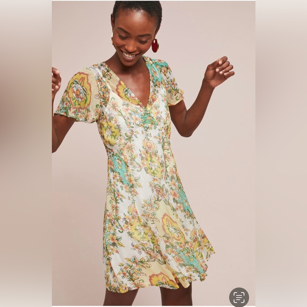 Anthropologie Floral Print Dress - yellow metallic Size Medium